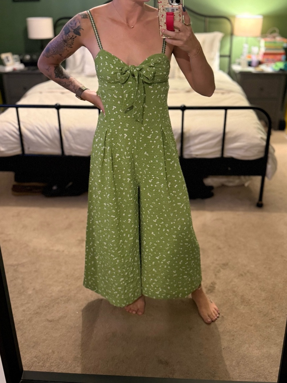 Free People Olive Green Floral Tie-Front Wide-Leg Jumpsuit